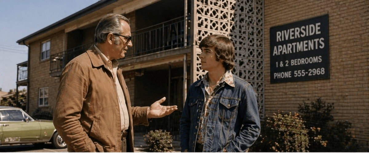 A property manager greeting a resident outside an apartment building — the kind of relationship that inspired EntryCore.